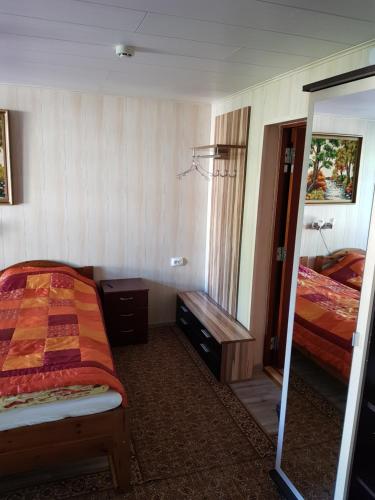 a hotel room with a bed and a mirror at Nina puhkemaja in Nina