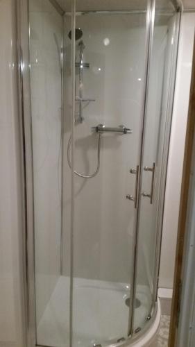 a shower with a glass door in a bathroom at Glasgow Hampden Garden Flat in Glasgow