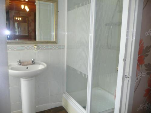 a white bathroom with a sink and a shower at Noble Lands in Wooler