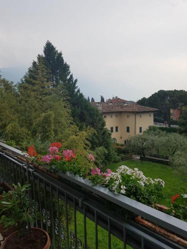 a balcony with flowers and a house in the background at Eagle Rooms in Riva del Garda