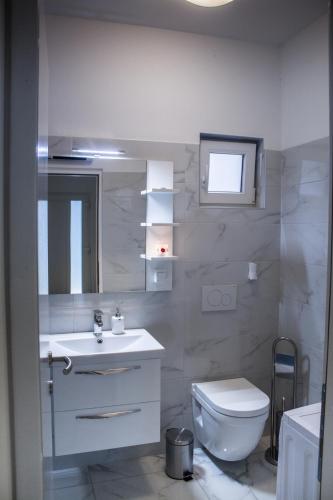 a bathroom with a white toilet and a sink at KUĆA ZA ODMOR NATALIJA in Pula