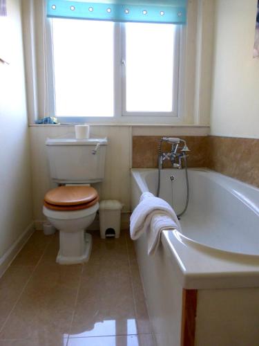 a bathroom with a toilet and a tub and a window at Shore Cottage in Dumfries