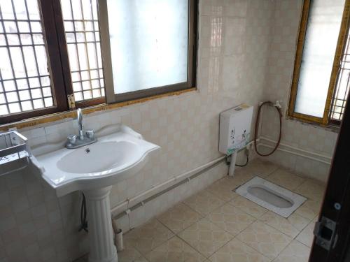 a bathroom with a sink and a toilet at Xiasi Ancient Town Yang Gou Guesthouse in Xiasi