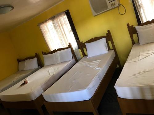 two twin beds in a room with two windows at Luis Bay Travellers Lodge in Coron