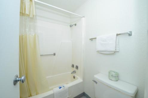 a white bathroom with a shower and a toilet at Americas Best Value Inn & Suites Jackson in Jackson