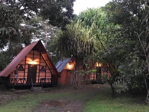 a small house with lights on in a forest at Los Mineros Guesthouse in Dos Brazos
