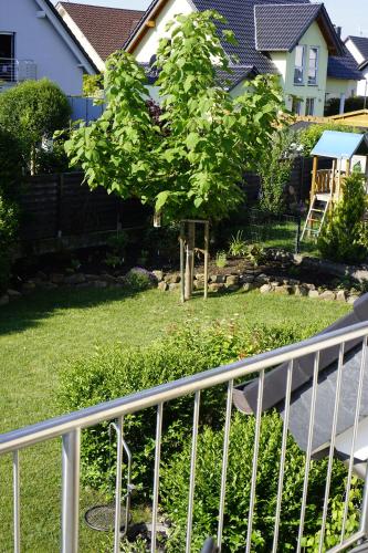 a staircase leading to a yard with a tree at Rieslingstube bei Britta & Joachim in Undenheim