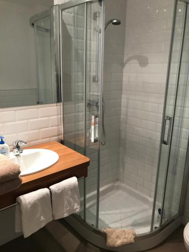 a bathroom with a shower and a sink at Casa Campo in Abay