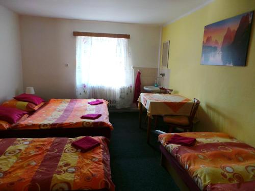 a room with three beds and a window at Penzion Tomy Pihlov in Horní Planá