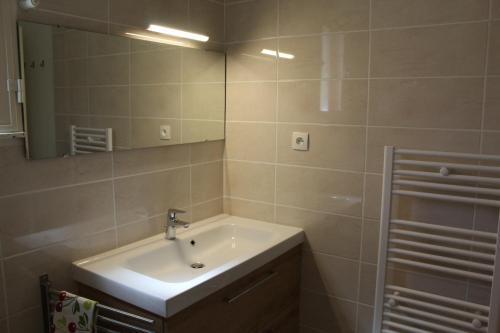 een badkamer met een wastafel en een spiegel bij Maison Charrasse in Flassan