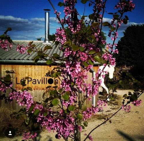 a tree with pink flowers in front of a building at Manège de la Chapinière - DadaLoge tiny-house in Châteauvieux