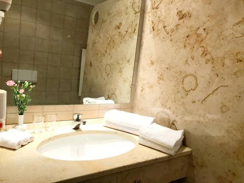 y baño con lavabo y espejo. en Gästehaus Mälzerei auf Schloss Neuburg am Inn, en Neuburg am Inn