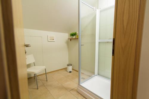 Una ducha de cristal en una habitación con silla en Eyjólfsstadir Guesthouse, en Egilsstadir