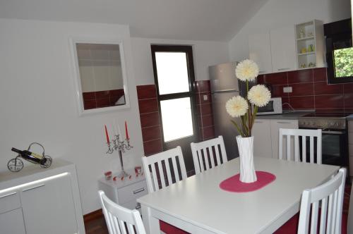a kitchen with a table with a vase of flowers on it at Apartments Dijana in Kotor