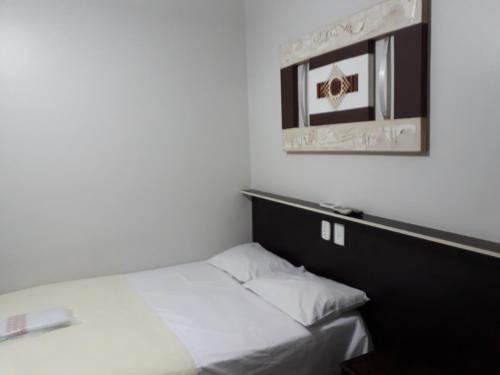 um quarto com uma cama e uma fotografia na parede em Araca Hotel em Araçatuba