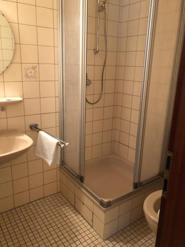 黑爾曼斯堡的住宿－Hotel Südheide，带淋浴、水槽和卫生间的浴室