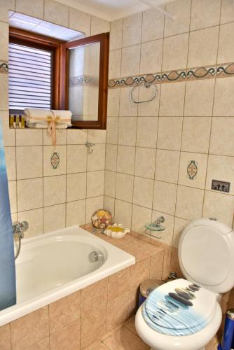 a bathroom with a toilet and a bath tub at Kassandra House in Hydra