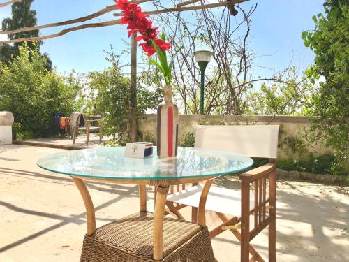 a glass table with a vase with a flower on it at Casa Flora in Vietri sul Mare