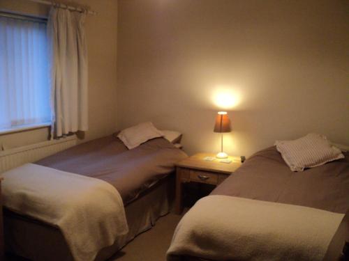 two beds in a room with a lamp on a table at Maple Lodge in Stockport