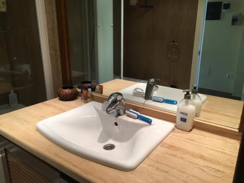 a bathroom counter with a sink and a mirror at Arabella Naturist Apartment in Vera