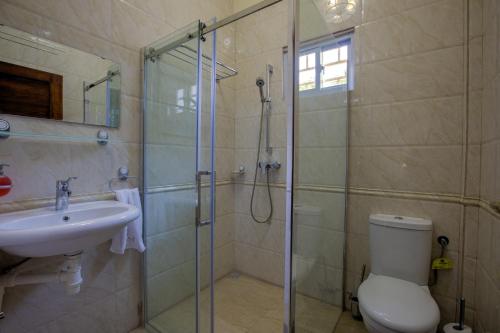 a bathroom with a shower and a toilet and a sink at Royal Mansion in Paramaribo