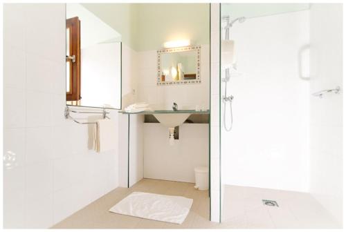 Un baño blanco con lavabo y espejo. en La Ferme des Grisettes, en Montesquiou