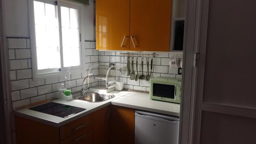 eine kleine Küche mit einer Spüle und einer Mikrowelle in der Unterkunft Estudio Los Molinos in La Laguna