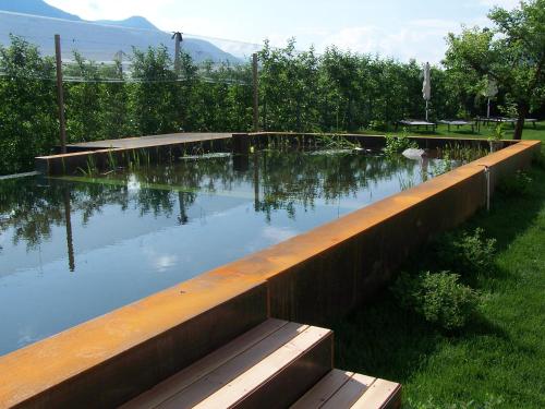 a pool of water with benches in a park at St. Ulrichhof in Lana