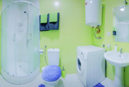uma casa de banho com um WC, um lavatório e um chuveiro em Apartment Dudanovski em Ohrid