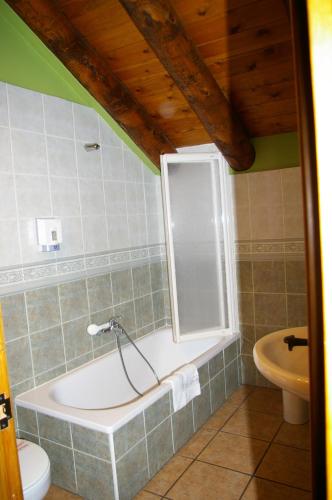 a bathroom with a tub and a toilet and a window at Hosteleria Santa Cruz in Santa Cruz de la Serós