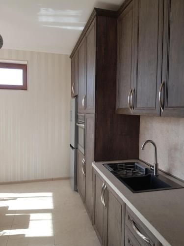 una cucina con mobili in legno e un lavello di Isani Panorama a Tbilisi City