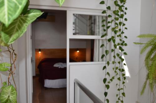 a room with a bed and a white book shelf at Hotel Romi in Colonia del Sacramento