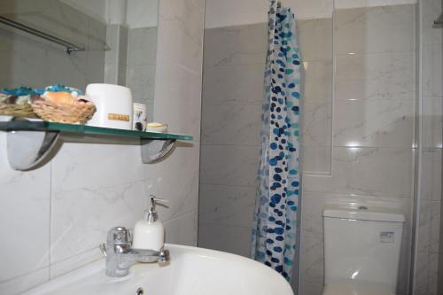a bathroom with a sink and a toilet and a shower at Romantic Apartment in Adelianos Kampos