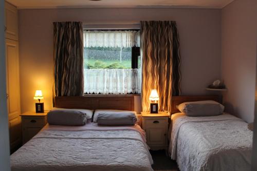 1 dormitorio con 2 camas y ventana en Marguerite's B&B en Skibbereen