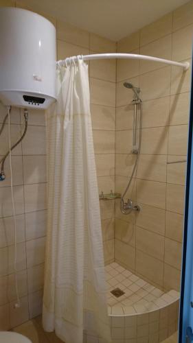 a bathroom with a shower with a shower curtain at Guest House Dacha in Karolino-Buhaz