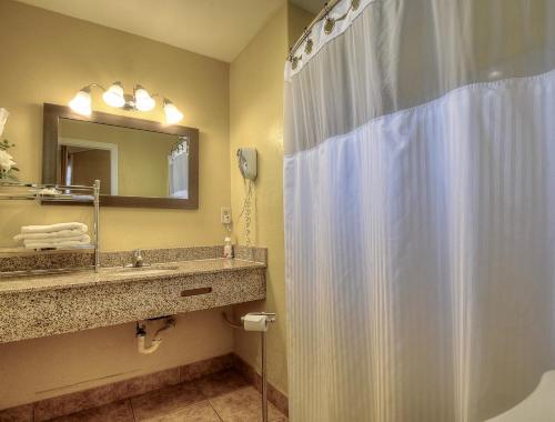 a bathroom with a shower curtain and a sink at Bayside Inn in Monterey