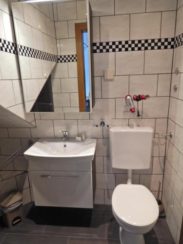 a bathroom with a white toilet and a sink at Pension-Ferienwohnung Rotar in Faak am See