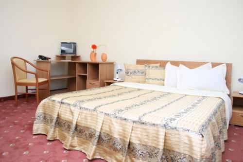 a bedroom with a bed and a desk with a computer at Hotel Calarasi in Călăraşi