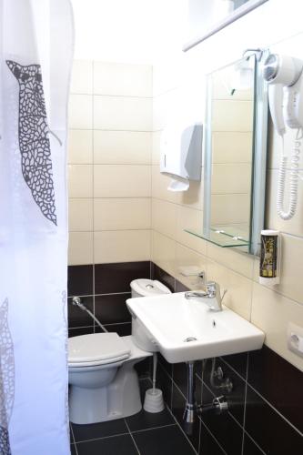a bathroom with a sink and a toilet at Open Doors Bed & Breakfast in Shkodër