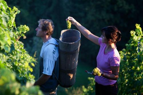 a man and a woman standing next to a barrel of grapes at Ferienhaus Vogeljager in Leutschach