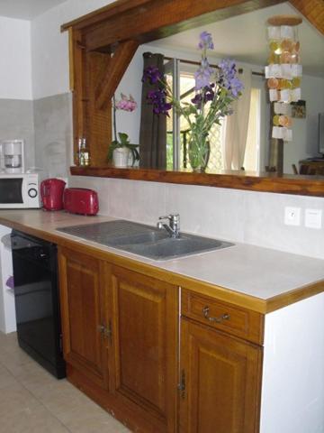 une cuisine avec un évier et un plan de travail dans l'établissement Gîte Bien Etre, à Boulogne-sur-Gesse