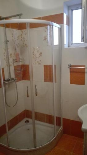 een douche met een glazen deur in de badkamer bij Apartmán Eva in Vrbovec