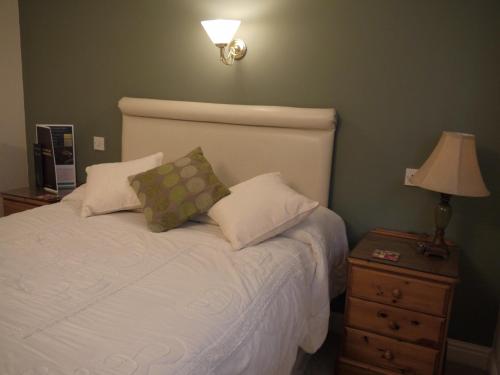 1 cama con 2 almohadas y mesita de noche con lámpara en The Lodge en Barnby Dun