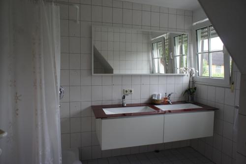 a bathroom with a sink and a mirror at Gästehaus Andrea in Stuttgart