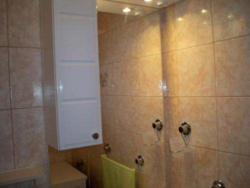a bathroom with a shower with a toilet and a mirror at Apartmani Perkovic in Baška Voda