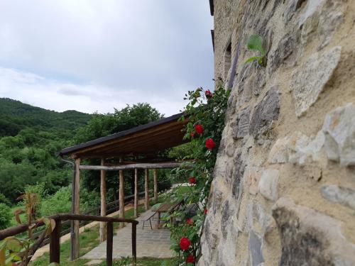 a stone wall with roses on a building at Talacchio in Città di Castello
