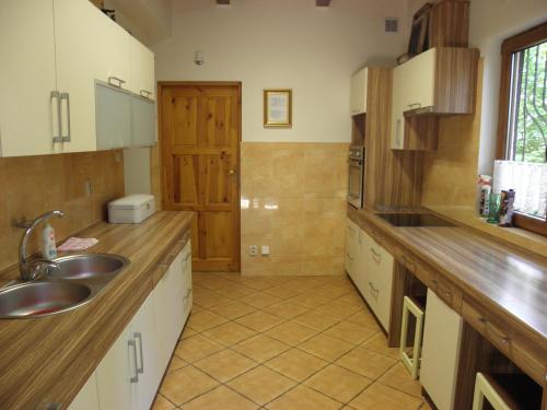 een keuken met 2 wastafels en een houten aanrecht bij Villa Jolanta in Teerau