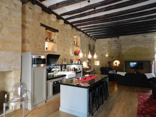 une cuisine et un salon avec une cuisinière et un four dans l'établissement Le Loft Exceptionnel, à Sarlat-la-Canéda