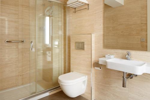 a bathroom with a toilet and a sink and a shower at Hotel Olatu in Zarautz