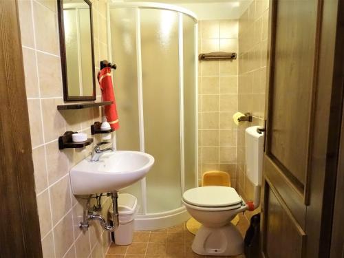 Koupelna v ubytování Apartmaji Pr-Gujlu Sela nad Podmelcem 5220 TOLMIN